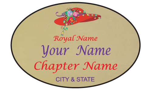 134 WHITE OVAL NAME BADGE W/ RED HAT DESIGN AND MAGNET FASTENER 4 SOCIETY LADY 
